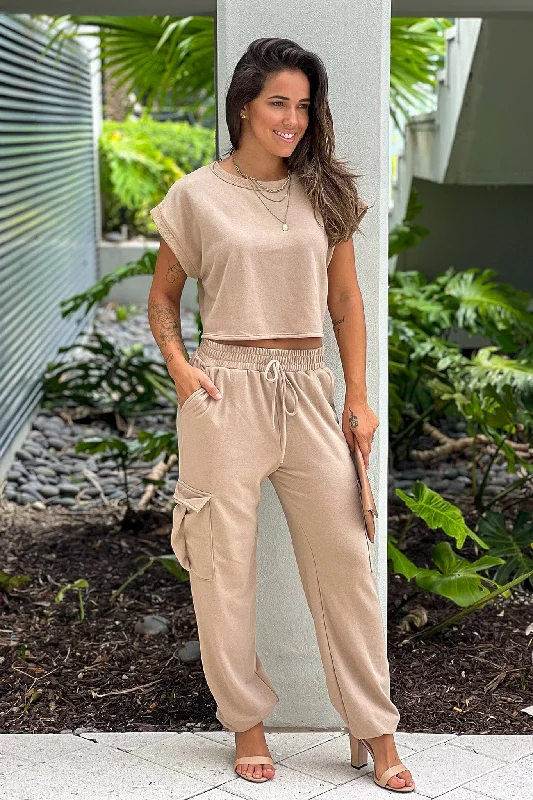 Camel Jogger Pants And Crop Top Set Sequined Glittery Shiny