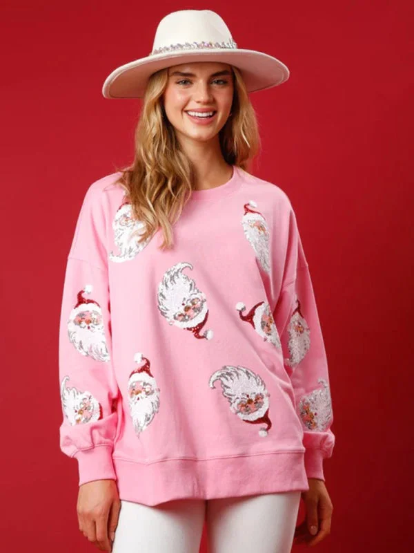 Sequin Santa Patterned Knit Sweatshirt Hoodie with Earth Tones Natural Calm