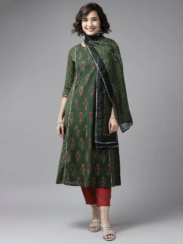 Women's Green Floral Printed Kurta Trouser With Hand Made Dupatta Set - Indo Era Trousers Striped Patterned Women's Green Floral Printed Kurta Trouser With Hand Made Dupatta Set - Indo Era Trousers Striped Patterned