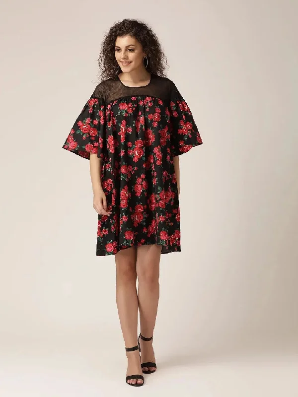 Sheer neck and flare sleeve Dress in Black and Red Tunics Silk luxurious