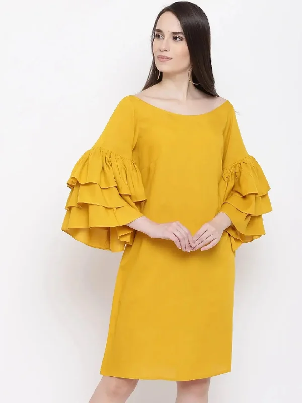 Triple Layered bell Sleeve shift dress in Mustard Tunics Brand named