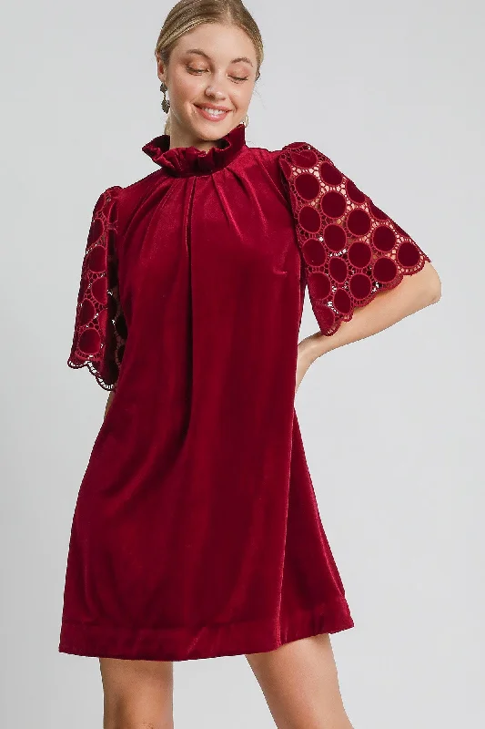 Umgee Dotted Lace Half Sleeve Mock Neck Back Tie Velvet Dress in Burgundy Square Neckline Feminine Umgee Dotted Lace Half Sleeve Mock Neck Back Tie Velvet Dress in Burgundy Square Neckline Feminine