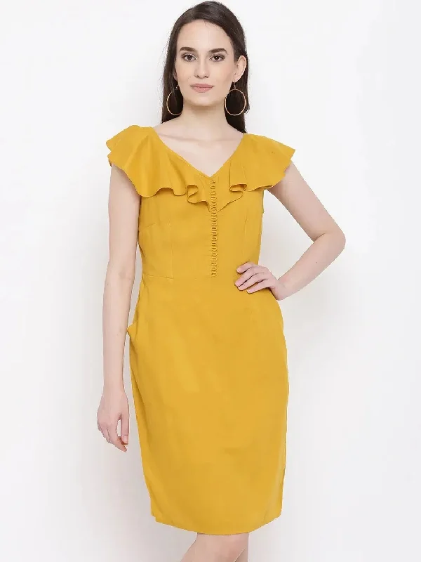 Front loop button pencil dress in mustard Tunics Sale discount