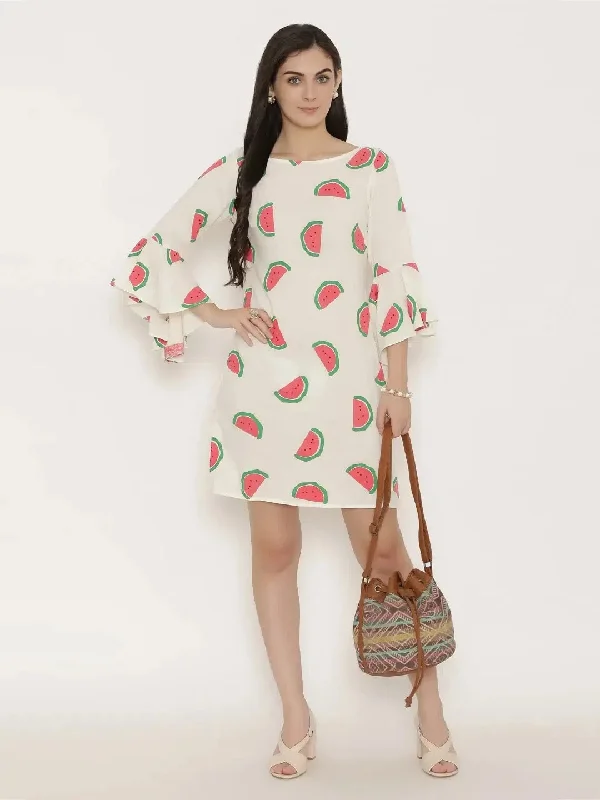 Bell Sleeve Block printed Dress in Off White-TC0286RWWA_S Tunics Office stylish