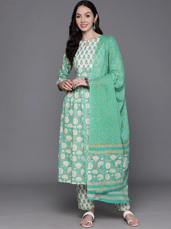 Women's Green Printed A-Line Kurta Trousers With Dupatta Set - Indo Era Trousers Elastic Waist Soft Women's Green Printed A-Line Kurta Trousers With Dupatta Set - Indo Era Trousers Elastic Waist Soft