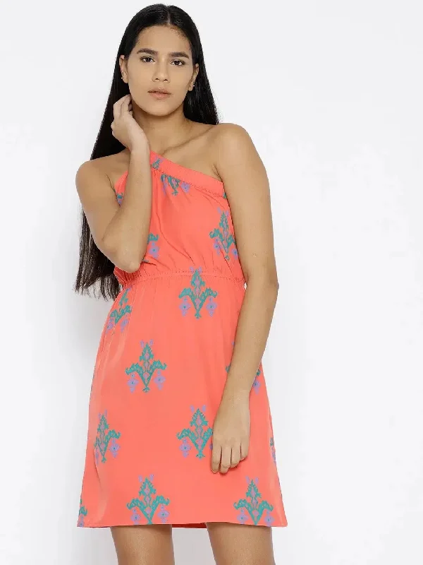 One shoulder elastic Ikat printed dress in Salmon Tunics Yoga stretchy