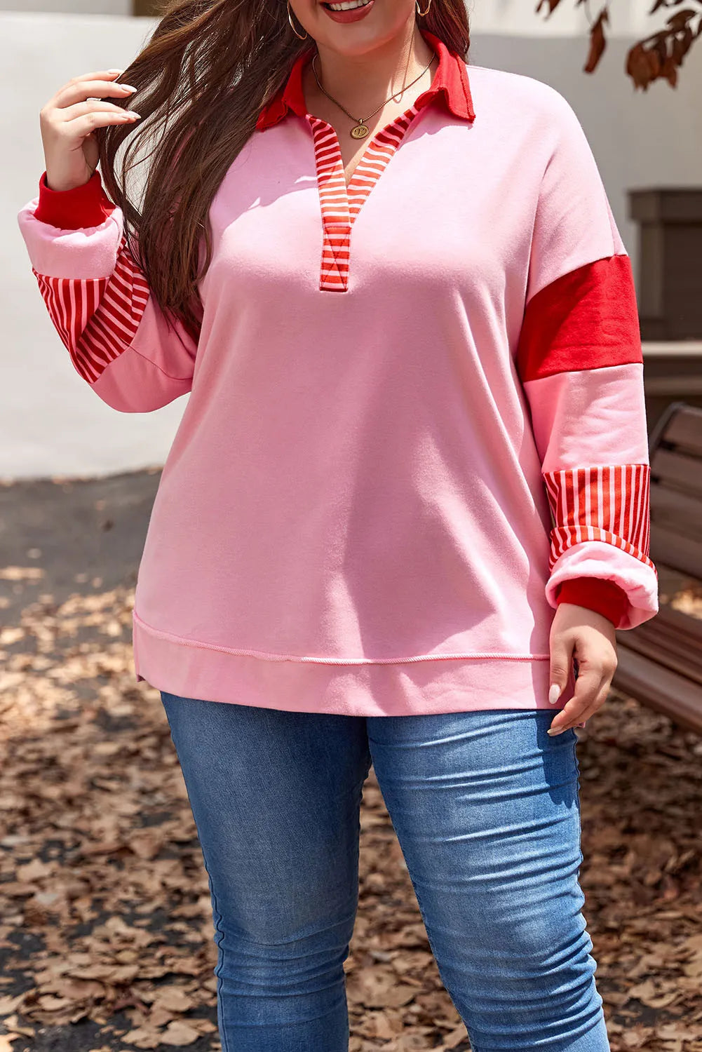 Hazel Blues® | Color Block Johnny Collar Long Sleeve Sweatshirt Hoodie with Frayed Bohemian Relaxed