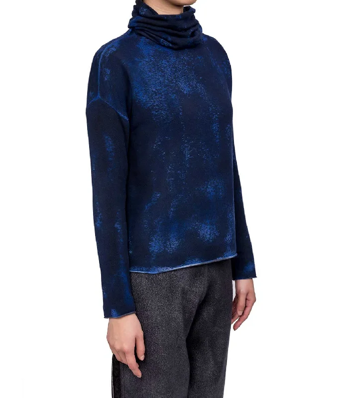 Mixed Indigo Turtleneck Sweatshirt Hoodie with Camouflage Military Edgy