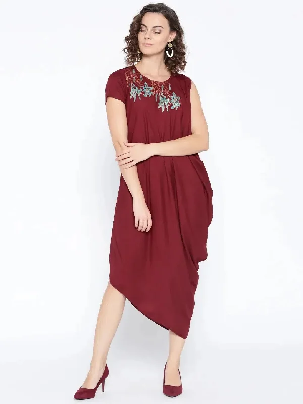 One side cowl asymettric dress with side floral print in Maroon Tunics Handmade artisanal
