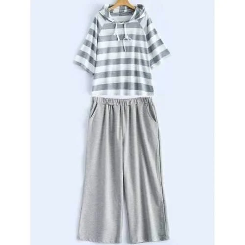 Plus Size Stripe Hoodie and Casual Pants Set - Gray 4xl Hoodie with Side Slits Relaxed Casual
