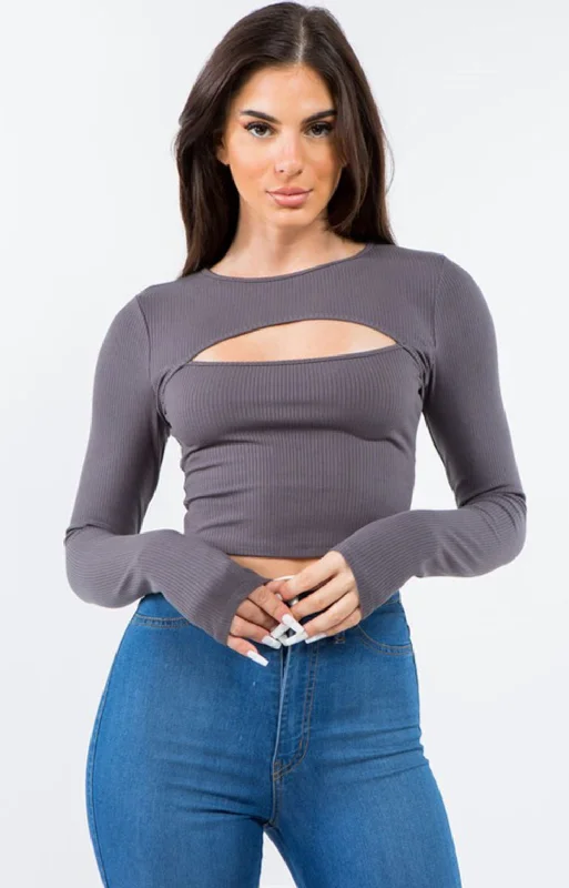 Bear Dance Ribbed Peekaboo Crop Tops Print Jacquard Patchwork