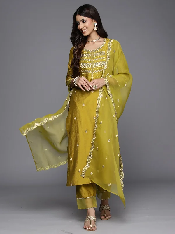 Women's Olive Embroidered Straight Kurta Trousers With Dupatta Set - Indo Era Trousers Satin Smooth Women's Olive Embroidered Straight Kurta Trousers With Dupatta Set - Indo Era Trousers Satin Smooth