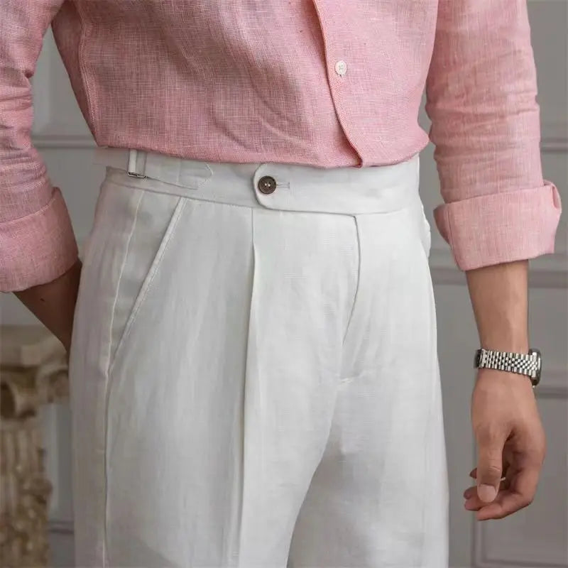 100% Linen Italian Naples Pants Men High Waist Straight  Suit Trousers Spring Summer Fashion Lightweight Breathable Casual Pants Trousers Winter Warm