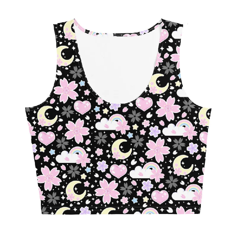 Cherry Blossom Dreams Black Crop Top Ribbed Crop Top High Neck Heavyweight
