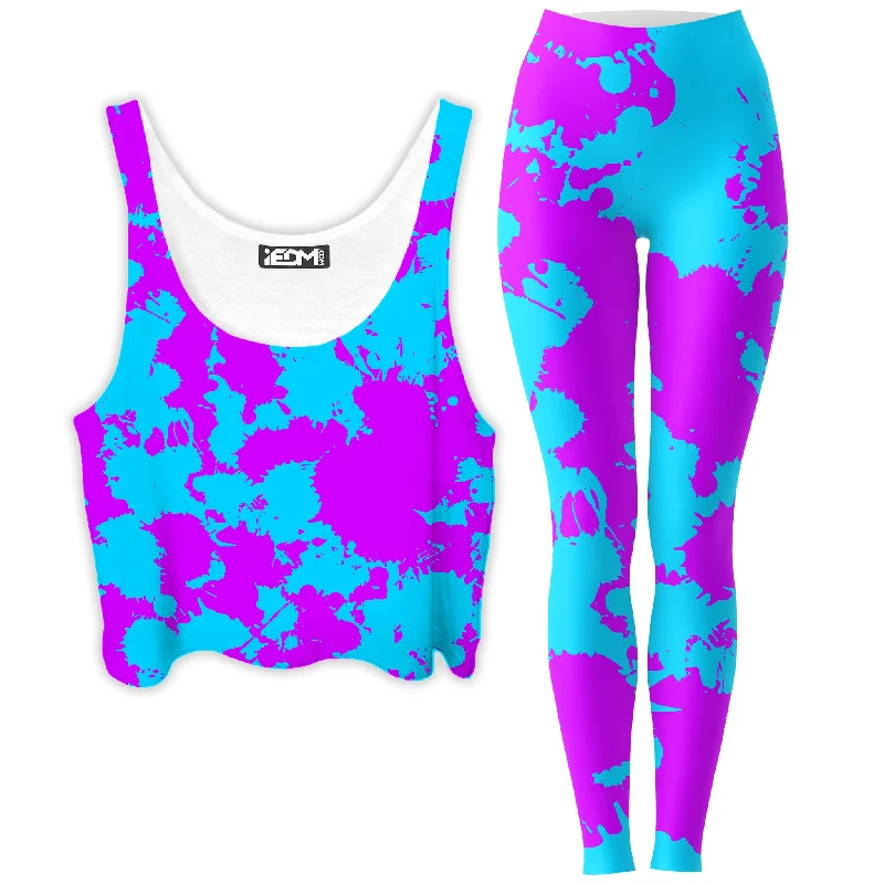Blue and Purple Paint Splatter Crop Top and Leggings Combo Satin Fabric Silk Fabric Chiffon Fabric
