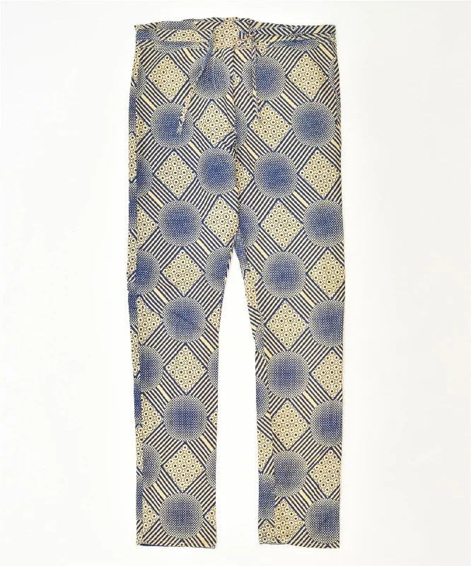 VINTAGE Womens Slim Casual Trousers W34 L34 Blue Geometric Classic Trousers Yoga Stretchy