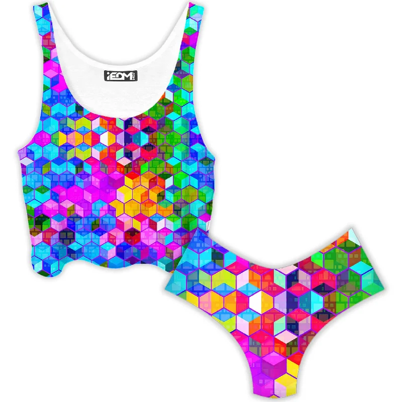 Cubism Crop Top and Booty Shorts Combo Houndstooth Herringbone Solid