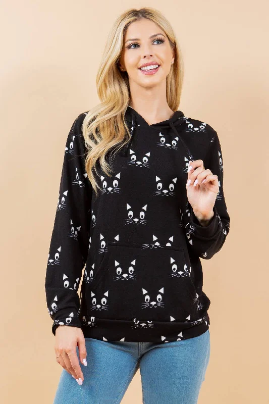 Cat With Whisker Pullover Hoodie Hoodie with Side Slits Relaxed Casual