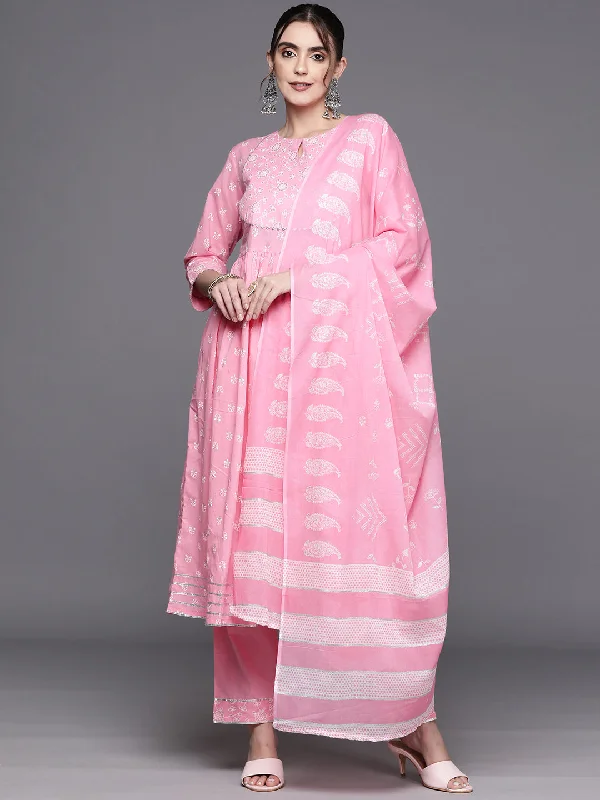 Women's Pink Printed A-Line Ethnic Kurta Trousers With Dupatta Set - Indo Era Trousers Harem Relaxed Fit Women's Pink Printed A-Line Ethnic Kurta Trousers With Dupatta Set - Indo Era Trousers Harem Relaxed Fit