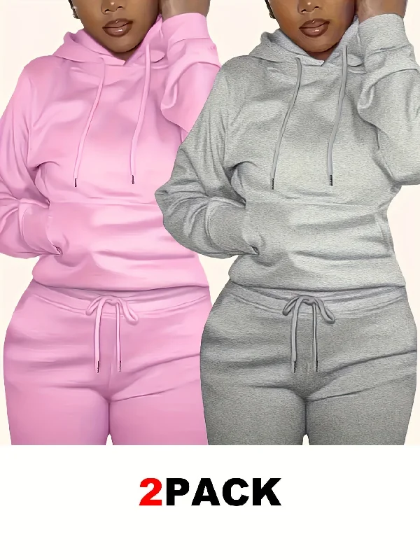 2-pack Women's Solid Drawstring Hoodies, Long Sleeve Kangaroo Pocket Sweatshirt for Fall & Winter Hoodie with Frayed Bohemian Relaxed