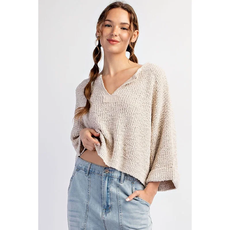 ee:some - Textured V-Neck Sweater Top - Oatmeal Zippered Front Buttoned Front Snap Front ee:some - Textured V-Neck Sweater Top - Oatmeal Zippered Front Buttoned Front Snap Front