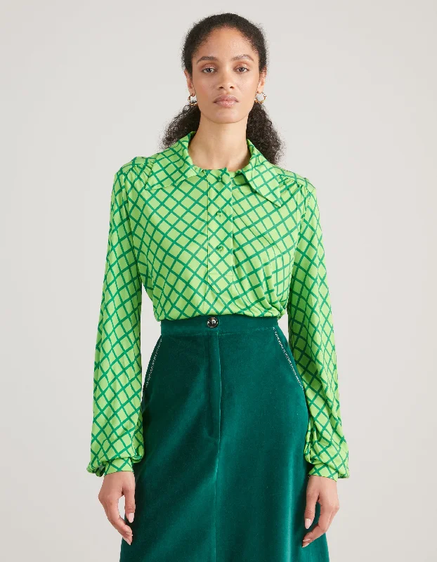 Winnie Green Mesh Silk Jersey Shirt V Neck Jersey Blouse