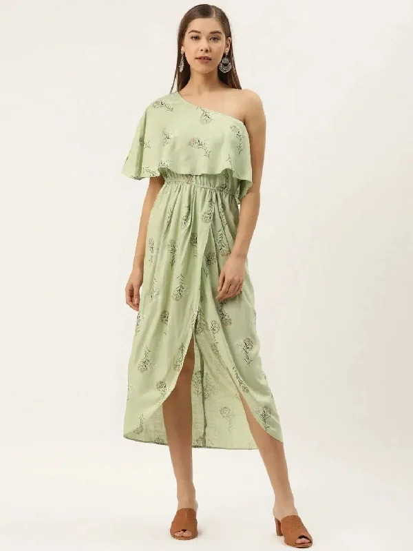 One Shoulder yoke overlap printed dress in pista green Tunics Occasion special