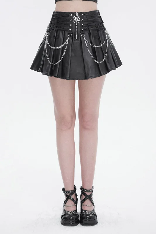 Black Faux Leather Web Eyelet Adjustable String Chain Pleated Women's Gothic Skirt velvet skirt luxury Black Faux Leather Web Eyelet Adjustable String Chain Pleated Women's Gothic Skirt velvet skirt luxury