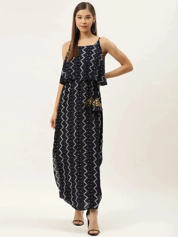 Printed Flare yoke with U hem long dress in navy Tunics Spring floral