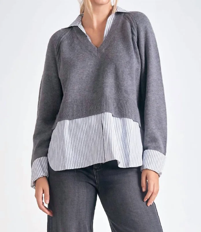 Stevie Layered Sweater/striped Shirt Combo In Chacoal Mesh Blend Leather Blend Suede Blend Stevie Layered Sweater/striped Shirt Combo In Chacoal Mesh Blend Leather Blend Suede Blend