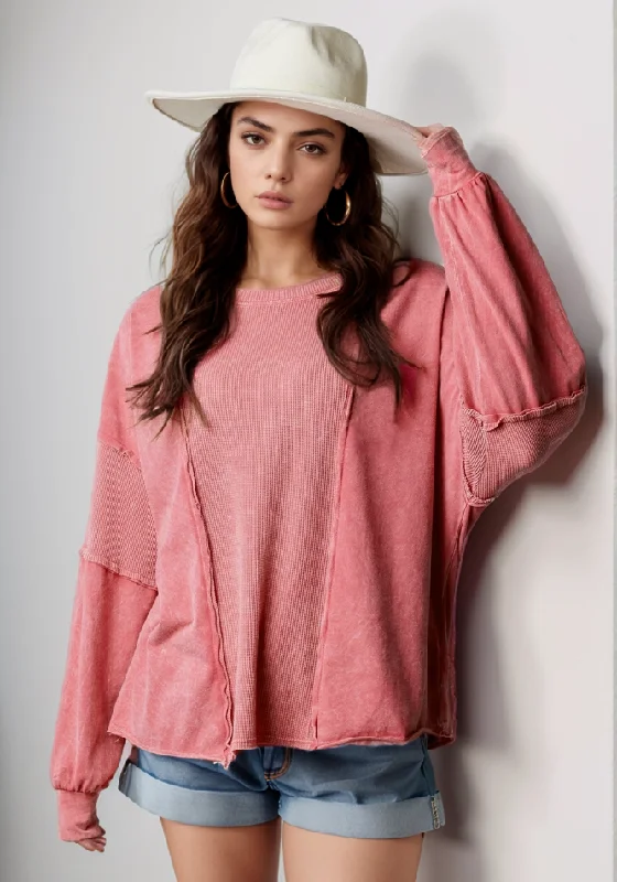 Hazel Blues® |  Waffle-Knit Round Neck Long Sleeve Sweatshirt Hoodie with Metallic Shiny Futuristic
