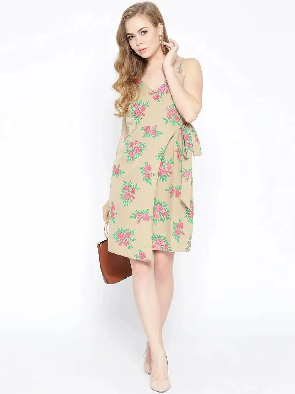 Overlap Rose Printed Dress with side tie up in Beige Tunics Bestseller popular