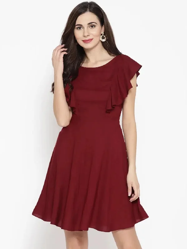 Frill sleeve deep back skater dress in Maroon Tunics Formal black