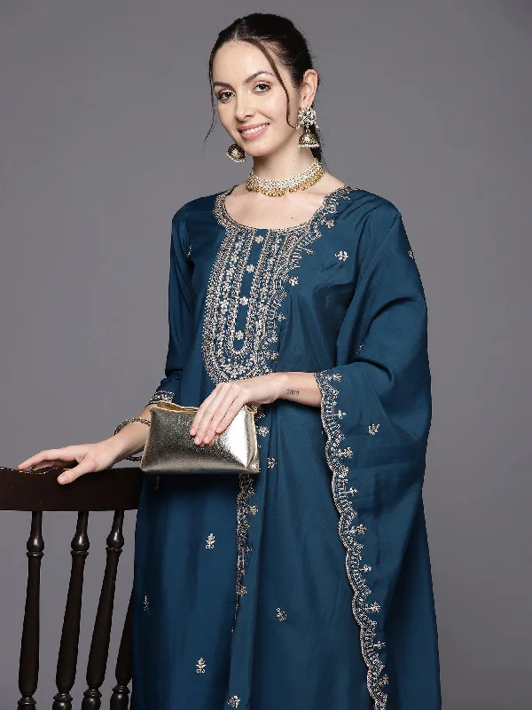Women's Teal Embroidered Straight Kurta Trousers With Dupatta  Set - Indo Era Wide Leg Loose Fit Mid Waist