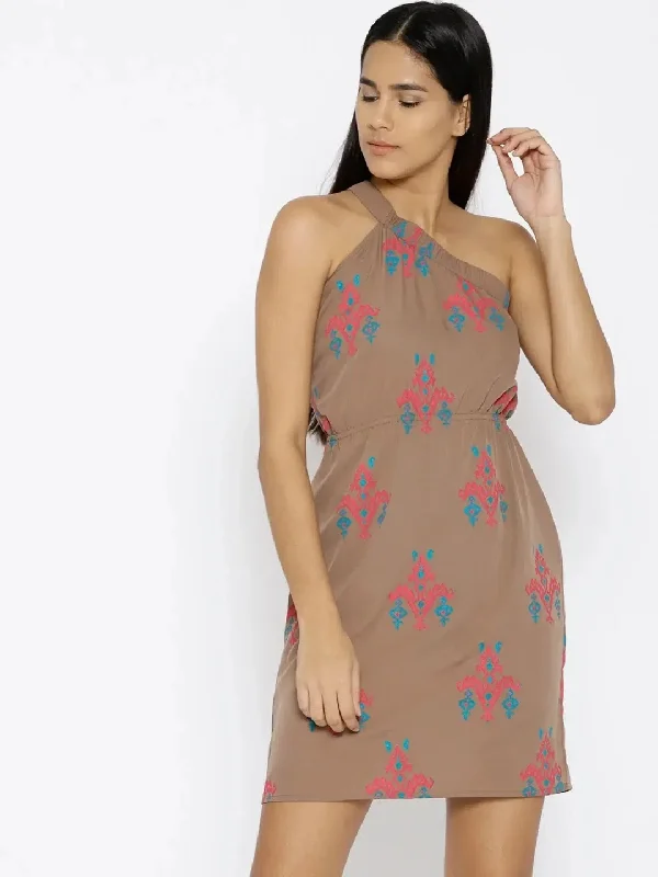 One shoulder elastic Ikat printed dress in Mocha color Tunics Bridal satin