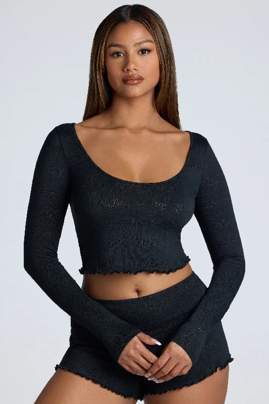 Long Sleeve Scoop Neck Pointelle Crop Top in Black Striped Floral Plaid