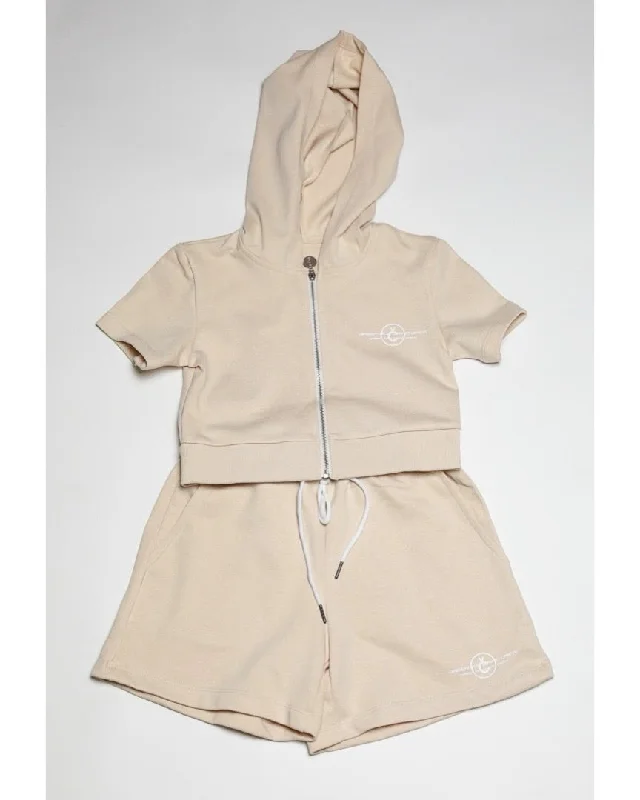 Womens Cotton Shorts and short sleeve hoodie Set Hoodie with Ribbed Hem Stretchable Secure