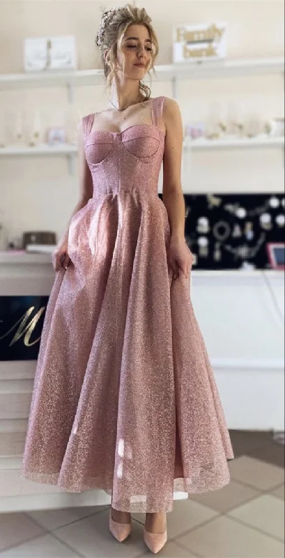 pink glitter prom dresses sweetheart corset ankle length    cg20622