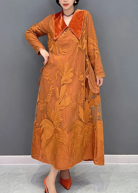 Beautiful Orange Sailor Collar Embroideried Thick Tulle Dress Winter
