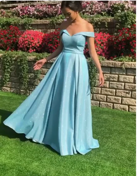 Elegant Off the Shoulder Blue Long Prom Dresses   cg20255