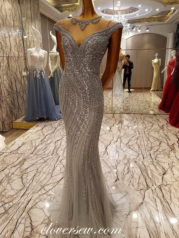 Grey Tulle Shiny Bead Rhinestone Illusion Neckline Formal Dresses , CP0119