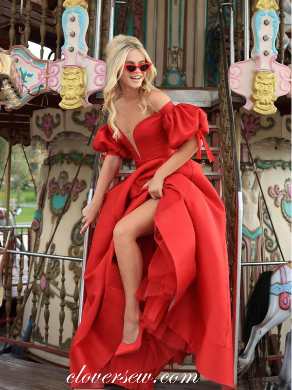 Off The Shoulder Red Satin Lantern Sleeves Fashion Prom Dresses, CP0081