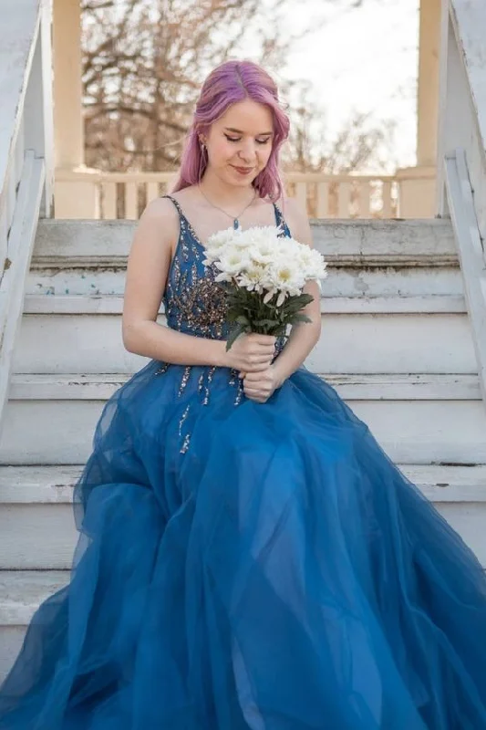 A-line navy blue tulle and silver sequins long formal dress prom dress    cg20550