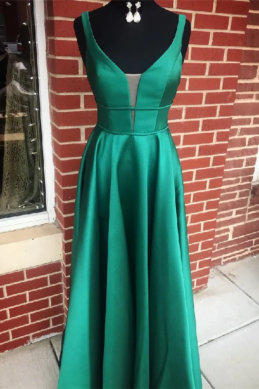 A-Line Straps V-Neck Sleeveless Pleated Satin Formal Prom Dress