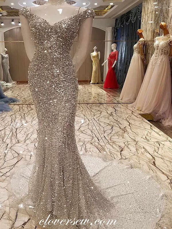 Sparkly Sequin Bead Off The Shoulder Mermaid Formal Dresses, CP0120