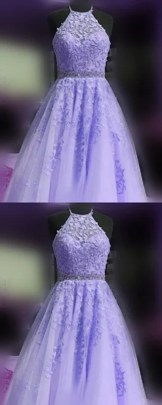 elegant lavender prom dresses 2021 lace halter ball gown beaded sashes   cg20510