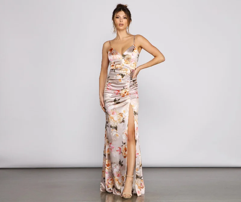 Taylor Satin Stylish Floral High-Slit Dress