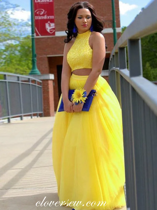 Two Piece Yellow Tulle Sleeveless A-line Prom Dresses, CP0072