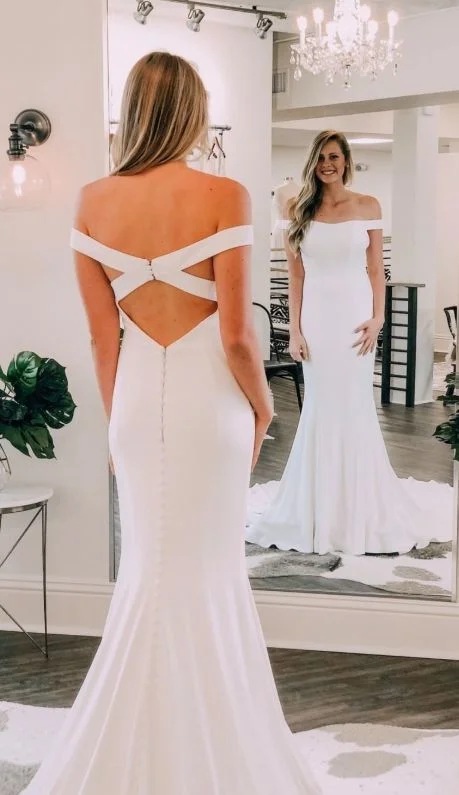 Simply Elegant Off the Shoulder Mermaid White Long Prom Dress    cg20638