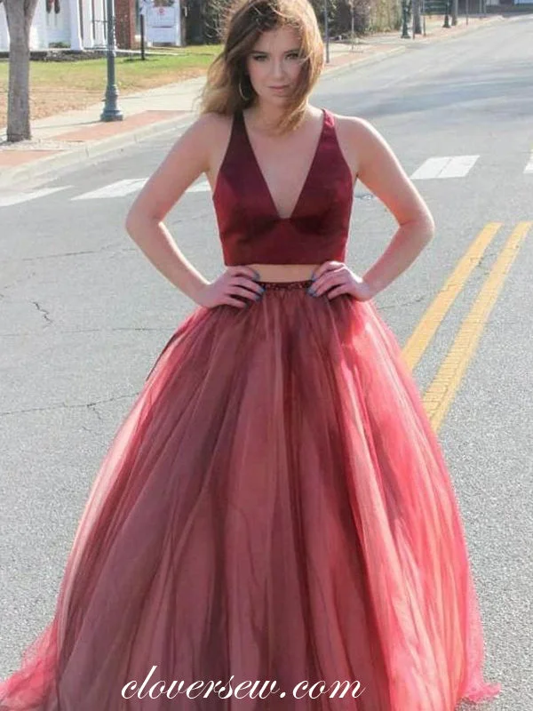 Two Piece Burgundy Satin Tulle A-line Prom Dresses, CP0114